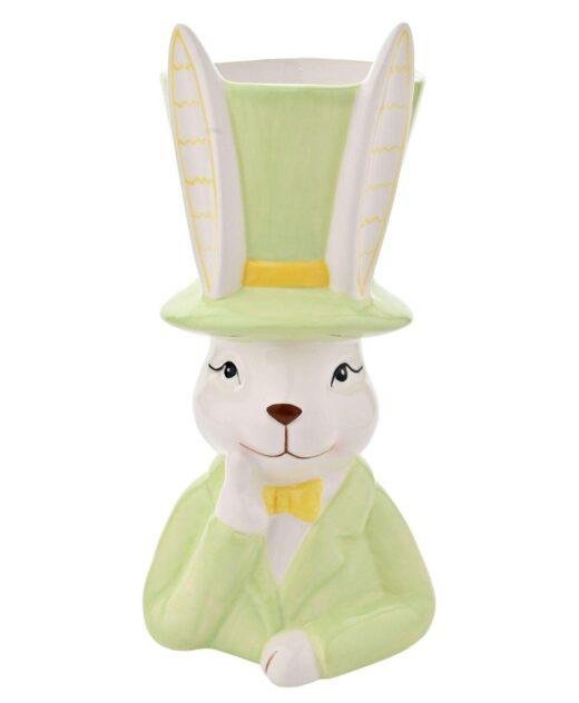 Large Ceramic Easter Bunny in Top Hat Green Planter