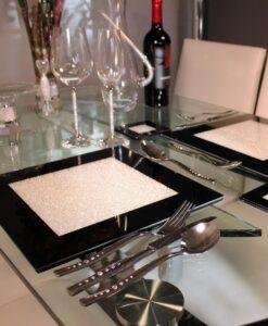 Set of Black Mirrored Glass Place Mats filled with Crystals