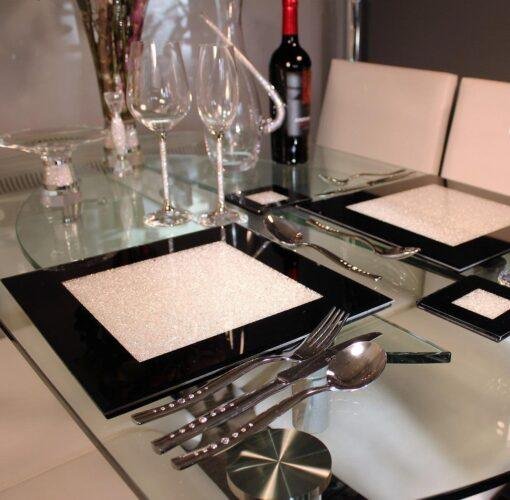 Set of Black Mirrored Glass Place Mats filled with Crystals