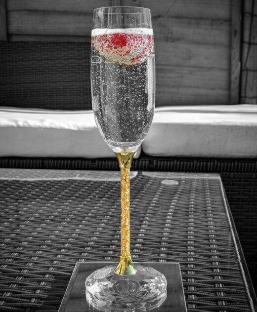 Pair of 24ct Gold Leaf Stem Crystal Champagne Flutes