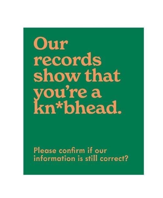 'Records show You're a Kn*bhead...' Witty Blank Greeting Card