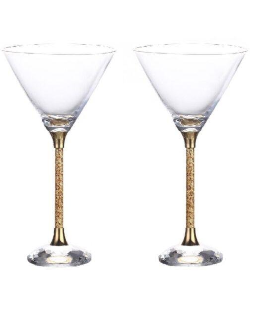 Pair of 24ct Gold Leaf Stem Crystal Cocktail Glasses