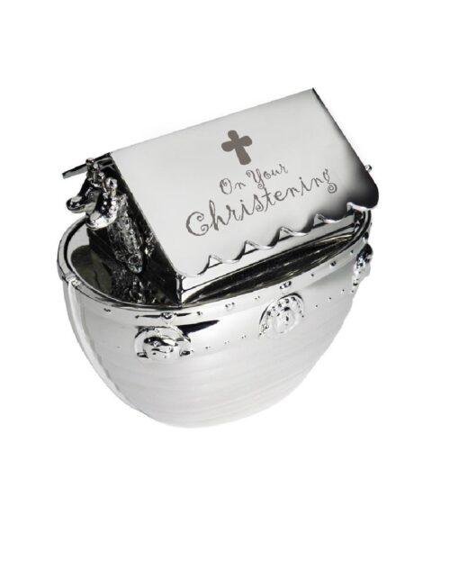 "On Your Christening" Silver Plated Noahs Ark Money Box