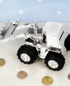 Personalised Silver Plated Digger Tractor Money Box