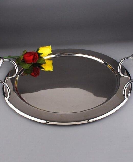 Round Stainless Steel Serving Tray With Swarovski Crystal Filled Handles