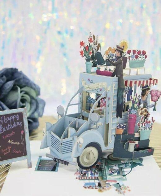 Pop Up 3D Birthday Card Florists Cart Blue
