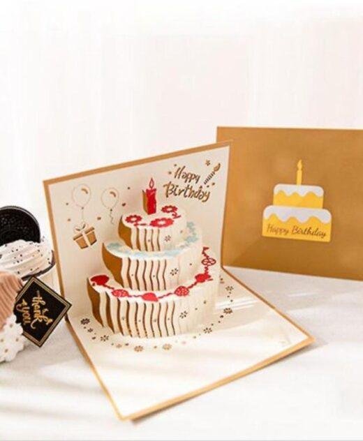 Pop Up 3D Gold "Happy Birthday" Cake Card