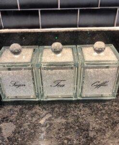 Square Silver Tea Coffee Sugar Canister Set Storage Jar with Swarovski Crystals