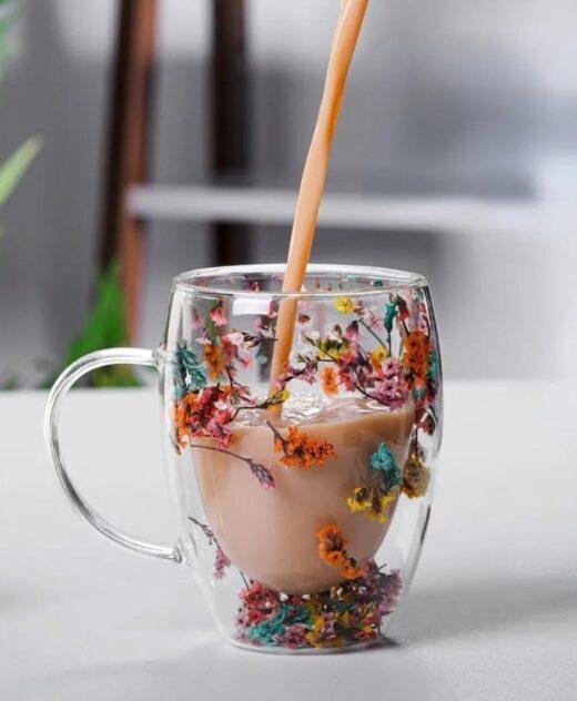 Large Double Wall Coffee Mug with Miniature Dried Flowers