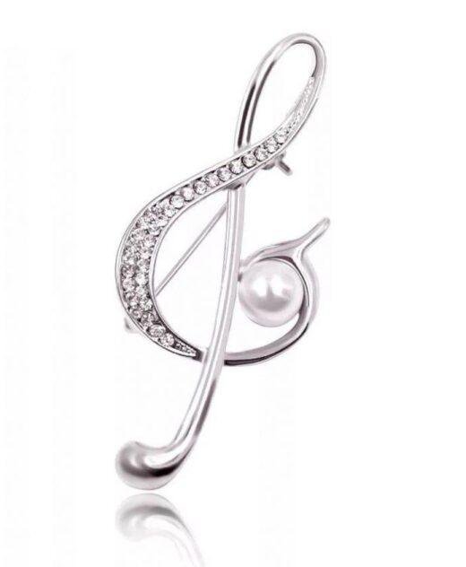 Diamante Treble Clef Musical Pin Brooch with Faux Pearl