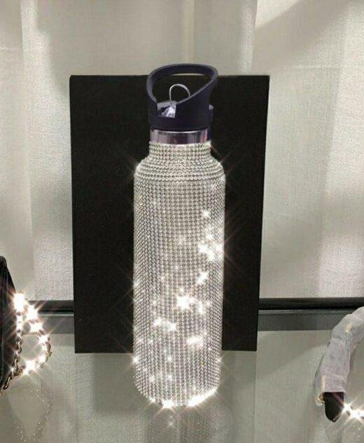 Re-usable Straw Top Stainless Water Bottle with Swarovski Crystal Elements