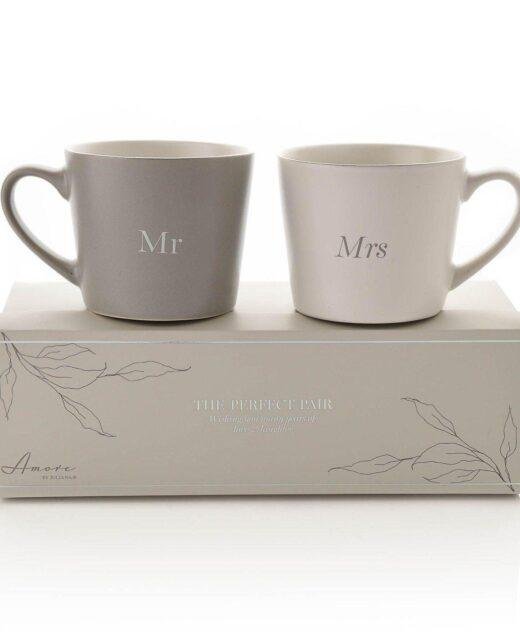 Set of 2 Grey & White Stoneware Mugs - Mr & Mrs