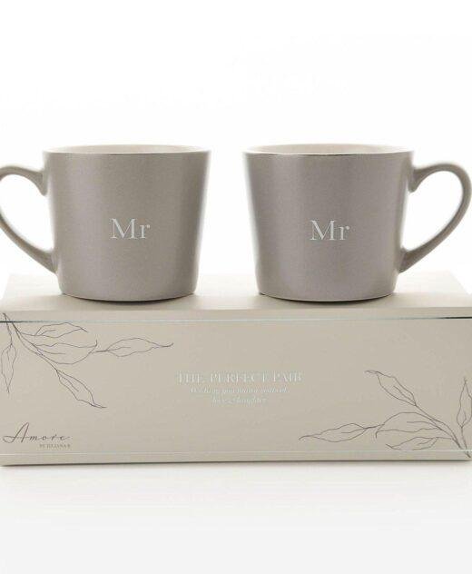 Set of 2 Grey & White Stoneware Mugs - Mr & Mr