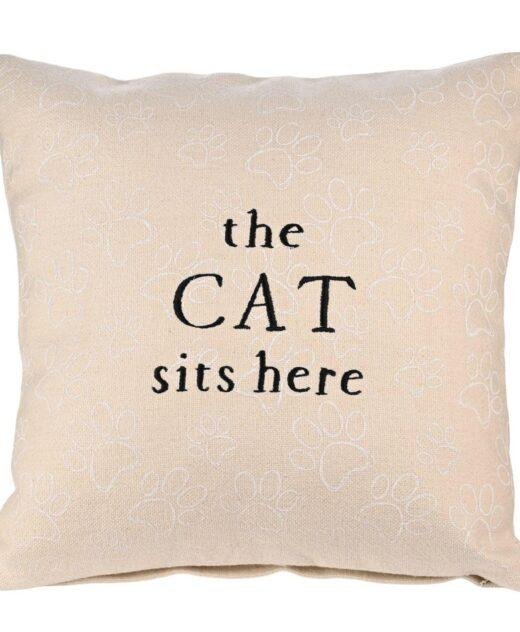 'The Cat Sits Here' Cream Square Scatter Cushion