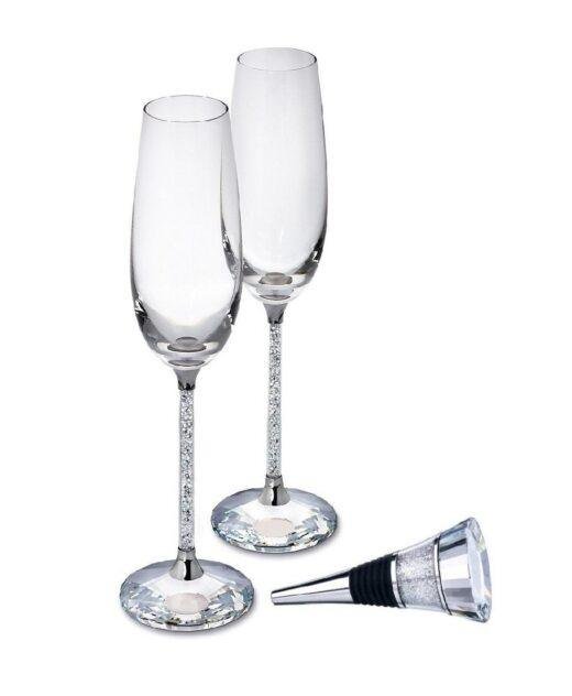 Set of Swarovski Crystal Filled Stem Champagne Flutes & Wine Bottle Stopper