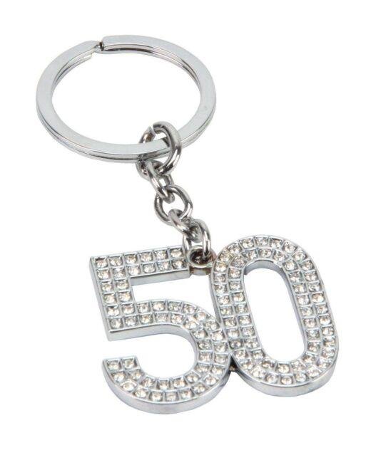 Silverplated 50th Birthday Crystal Keyring in Giftbox