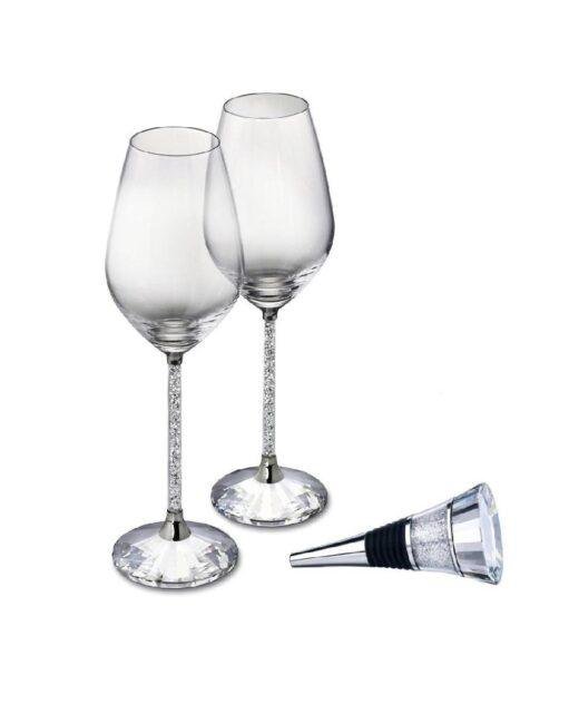 Set of Swarovski Crystal Filled Stem Wine Glasses & Bottle Stopper