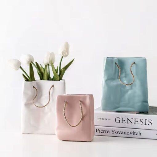 Ceramic Paper Carrier Bag Vase with Rope Handle