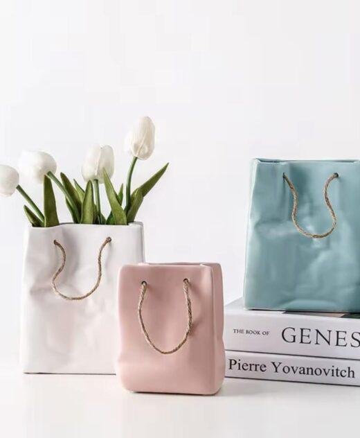Ceramic Paper Carrier Bag Vase with Rope Handle
