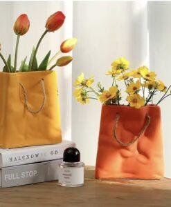Orange Ceramic Paper Carrier Bag Vase with Rope Handle