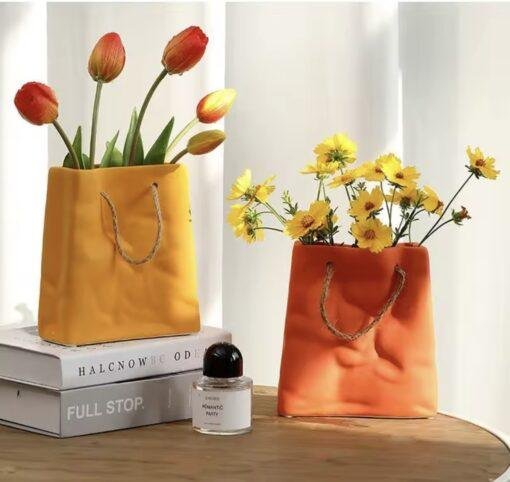 Orange Ceramic Paper Carrier Bag Vase with Rope Handle