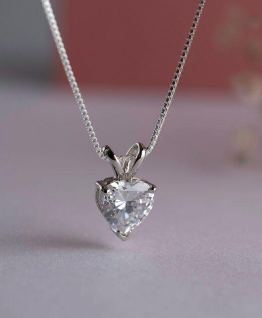Heart Shaped CZ Solitaire Silver Pendant Necklace