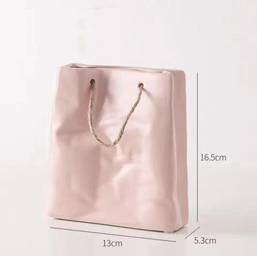 Pink Ceramic Paper Carrier Bag Vase with Rope Handle