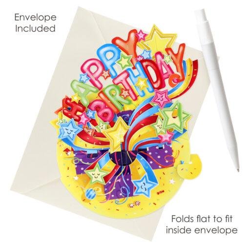 Celebrate their special day in spectacular style with this Pop Up 3D Shooting Star Birthday Card — a card and a gift in one! This dazzling Shooting Stars design is perfect for surprising loved ones on milestone birthdays or simply making someone feel extra special. As part of our Pirouettes Collection, this card transforms into an eye-catching 3D paper sculpture that spins on a 360° base. Ready assembled for instant display, simply pull the tab around the base until it locks and watch the vibrant shooting stars burst to life. With space on the back for your own personalised message, this interactive card makes a memorable keepsake they’ll cherish long after their birthday celebrations. Key Features Pop Up 3D Shooting Star Birthday Card Part of our Pirouettes Collection Interactive 3D paper sculpture – spins on a 360° display Ready assembled and easy to display Space on the back for your personal message Folds flat into the included envelope Make their birthday unforgettable with this Pop Up 3D Shooting Star Card — a magical keepsake they’ll love to display.