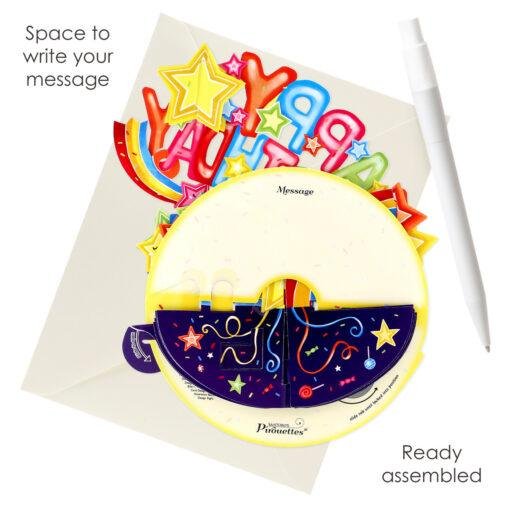 Celebrate their special day in spectacular style with this Pop Up 3D Shooting Star Birthday Card — a card and a gift in one! This dazzling Shooting Stars design is perfect for surprising loved ones on milestone birthdays or simply making someone feel extra special. As part of our Pirouettes Collection, this card transforms into an eye-catching 3D paper sculpture that spins on a 360° base. Ready assembled for instant display, simply pull the tab around the base until it locks and watch the vibrant shooting stars burst to life. With space on the back for your own personalised message, this interactive card makes a memorable keepsake they’ll cherish long after their birthday celebrations. Key Features Pop Up 3D Shooting Star Birthday Card Part of our Pirouettes Collection Interactive 3D paper sculpture – spins on a 360° display Ready assembled and easy to display Space on the back for your personal message Folds flat into the included envelope Make their birthday unforgettable with this Pop Up 3D Shooting Star Card — a magical keepsake they’ll love to display.