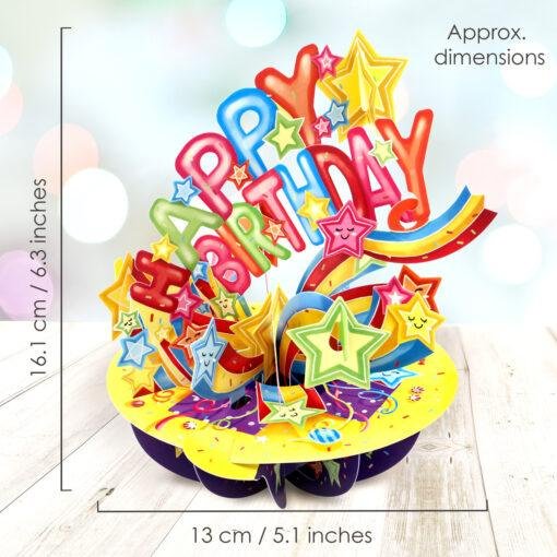 Celebrate their special day in spectacular style with this Pop Up 3D Shooting Star Birthday Card — a card and a gift in one! This dazzling Shooting Stars design is perfect for surprising loved ones on milestone birthdays or simply making someone feel extra special. As part of our Pirouettes Collection, this card transforms into an eye-catching 3D paper sculpture that spins on a 360° base. Ready assembled for instant display, simply pull the tab around the base until it locks and watch the vibrant shooting stars burst to life. With space on the back for your own personalised message, this interactive card makes a memorable keepsake they’ll cherish long after their birthday celebrations. Key Features Pop Up 3D Shooting Star Birthday Card Part of our Pirouettes Collection Interactive 3D paper sculpture – spins on a 360° display Ready assembled and easy to display Space on the back for your personal message Folds flat into the included envelope Make their birthday unforgettable with this Pop Up 3D Shooting Star Card — a magical keepsake they’ll love to display.