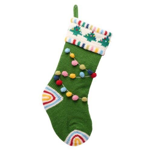 Green White Christmas Pom Pom Stocking – Festive Knitted Stocking with Pom Pom Garland