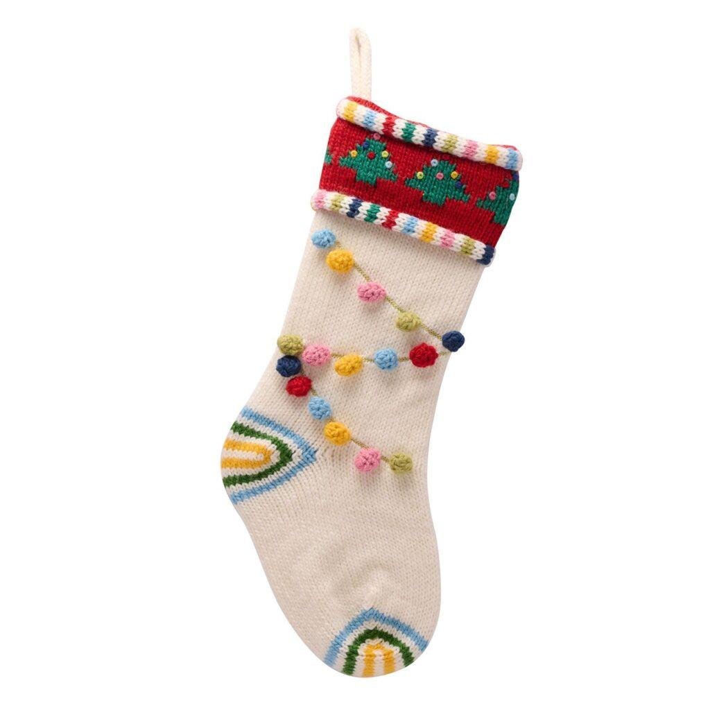 Green White Christmas Pom Pom Stocking – Festive Knitted Stocking with Pom Pom Garland