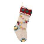 Green White Christmas Pom Pom Stocking – Festive Knitted Stocking with Pom Pom Garland