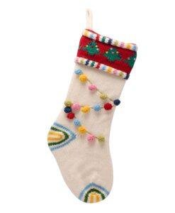 Green White Christmas Pom Pom Stocking – Festive Knitted Stocking with Pom Pom Garland