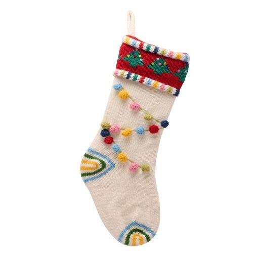 Green White Christmas Pom Pom Stocking – Festive Knitted Stocking with Pom Pom Garland