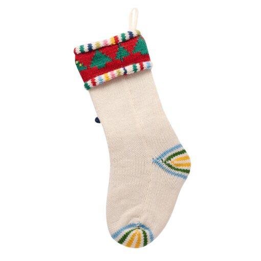 Green White Christmas Pom Pom Stocking – Festive Knitted Stocking with Pom Pom Garland