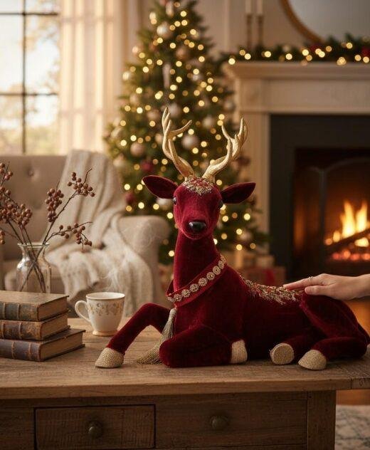 Regal Tidings Red Velvet Christmas Deer Decoration